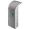 Gray waste container with curved lid, green field and red button.