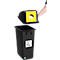 Black trash can with yellow lid. Hand holding lid above.