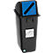 Black trash can with blue lid and black slash. Sticker with stack of paper.