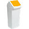 White trash can with yellow lid.