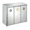 Stainless steel recycling bin with three compartments, colored recycling symbols.