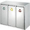 Stainless steel waste separation system with three compartments, marked with recycling symbols in green, yellow and brown.