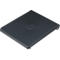 Dark gray lid with rounded corners. Embossed logo in the middle.