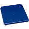 Blue, square lid with rounded edges and a small, round logo in the center.
