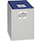 Gray cube container with blue lid and stickers. The container has stickers of stacks of money on the top and front.