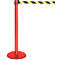 Red stanchion with yellow and black striped retractable belt.