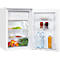 Un réfrigérateur compact blanc avec la porte ouverte, rempli d'aliments frais comme des fruits, des légumes et des boissons.