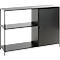 Schwarzes Sideboard mit offenen Fächern und einer Lochblechtür.