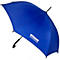 Blauer Regenschirm mit Logo. Griff nach unten, Schirm geöffnet.