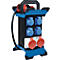 Distributeur d'alimentation noir avec prises bleues et rouges. Une poignée de transport en haut, cadre bleu.
