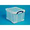 Transparent plastic box with blue handle on blue background.
