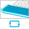 Repose-poignet bleu devant clavier, bordure blanche, symbole flèche.