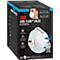 White 3M Cool Flow respirator with black packaging. Text: FFP2. Filter performance details. Over 50 years of experience.