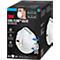 Box of 3M Cool Flow respirator masks. A mask is shown against a black background. Logos, mask names and filter efficiencies are printed on it.
