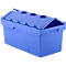 Blue plastic box with partially open lid, on a white background.