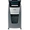 Grey paper shredder with open lid, below is a paper container with shredded paper scraps. The brand name Rexel is visible on the front.
