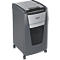 Grey paper shredder with wheels. The Rexel logo is clearly visible. The collection bin is half full of shredded paper.