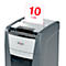 Grey paper shredder with paper in it. Red text on paper reads: 10 x A4.