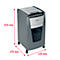 Gray paper shredder on wheels. Dimensions: 810 mm high, 470 mm wide, 420 mm deep. Rexel logo.