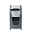Gray and silver paper shredder with Rexel logo, filled paper waste container. The device stands on castors.