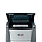 Grey paper shredder with the top open. The Rexel logo is visible.