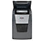 Shredder, gray and black. Opened at the top with paper, shredded paper visible below, Rexel logo.