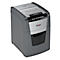 Gray and silver shredder with Rexel logo. Top: paper entry. Bottom: collection bin.