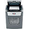 Grey paper shredder with paper ejection, Rexel logo, paper being shredded.