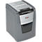 Grey paper shredder with Rexel logo. Top feed slot, control panel, and waste bin visible.