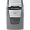 Gray paper shredder with Rexel logo and control panel. Paper waste visible in the collection container.