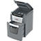 Grey paper shredder with open top, shredded paper in the bin.