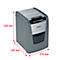 Grey paper shredder with dimensions 530 x 430 x 370 mm. The device has an input option, buttons and the "Rexel" logo.