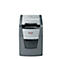 Grey paper shredder with "Rexel" logo. Above, paper feed; below, a container with shredded papers.