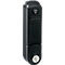 Black door lock, oval design, with logo and LED indicators. A keyhole at the bottom.