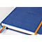 Cahier bleu avec des signets oranges. Le mot "Rhodia" et "notebook" est écrit sur la couverture.