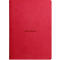 Rotes Notizbuch mit dem geprägten Logo „RHODIA“.
