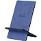 Blue leather phone stand, Rhodia brand, stands at an angle.