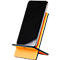 Smartphone in orange holder. Black screen, angled view.