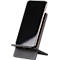 Smartphone on a dark wooden stand. The display is black, the trim is gold.