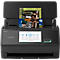 Schwarzer Ricoh ScanSnap Dokumentenscanner mit geöffnetem Einzug und Display mit Menüansicht.