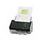 Ein grauer Scanner mit Papier. Auf dem Display: Scan-Taste, Dokumente werden gescannt.