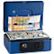 Rieffel Geldkassette Deluxe 2, Federdeckel, Münzeinsatz, Zylinderschloss, B 197 x T 154 x H 86 mm, blau