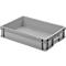 Grijze plastic doos. Rechthoekig, met handvatten, leeg. Perspectiefopname.