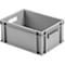 Grijze plastic doos met handgrepen, rechthoekig. Zicht in de binnenkant van de doos.