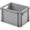 Grijze rechthoekige doos met handvatten aan de zijkanten en een open bovenkant. De doos is gemaakt van plastic.