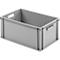 Grijze plastic doos met handgreepopeningen, rechthoekige vorm.