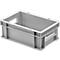 Grijze plastic krat met handgreepopeningen en een omranding.
