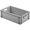 Gray plastic box with handle openings, photographed slightly diagonally from above.
