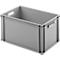 Grey plastic box with handle openings. The box is isolated, the background is neutral.