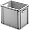 Gray plastic crate with handle openings. It has a rectangular shape and stands on a flat surface.